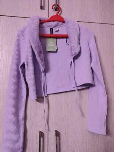 H&M Lavender Cropped Knit Cardigan with Fur Trim