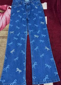 Cute Bow Print Wide Leg Jeans
