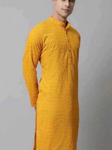 Men's Yellow Embroidered Kurta