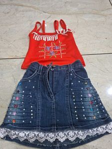 Cute Girls Red Top and Denim Skirt Set