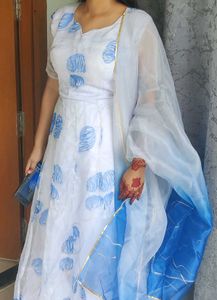 Elegant White &amp; Blue Floral Gown