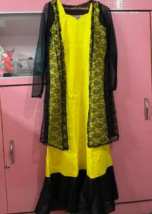 Vibrant Yellow & Black Lace Gown