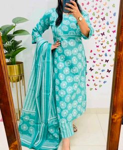 Teal Floral Kurta Set with Dupatta