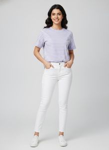Lavender Striped T-Shirt with white jeans