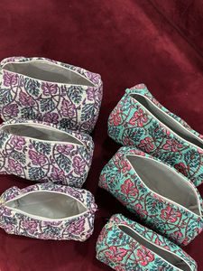 Set of 6 Block Print Floral Quilted Pouches