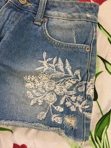 Denim  Shorts with Floral Lace Detail
