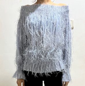 Grey Off-Shoulder Feather Trim Top