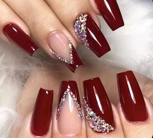 Elegant Burgundy Rhinestone Nail Set