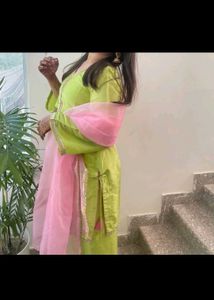 Stylish Lime Green Kurta Set with Pink Dupatta
