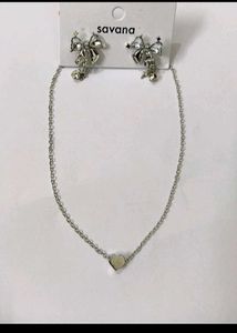 Silver Bow & Heart Necklace Set