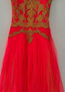Stunning Pinkish Orange &amp; Gold Embellished Gown