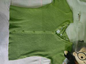 Green Ribbed Button-Up Top