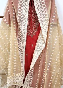 Beige Embroidered Cotton Dupatta