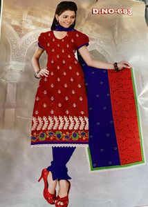 Elegant Red & Blue Dress Material Set with Dupatta