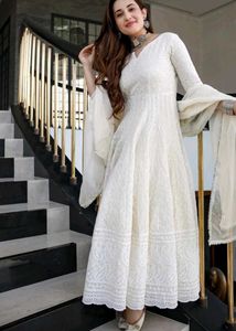 White Chikankari Long Dress