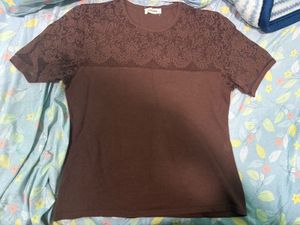 Brown Lace Detail T-Shirt