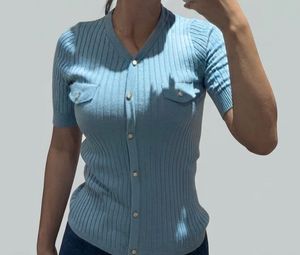 Light Blue Ribbed Button-Up Top