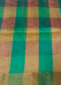 Saree. Cotton Mix. Checked. Orange With Green Colour.