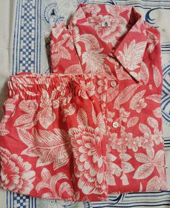 Red Floral Cotton Night Suit Set