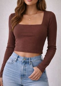 Brown Ribbed Square Neck Crop Top