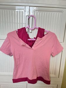 Cute Pink Two-Tone Henley Top