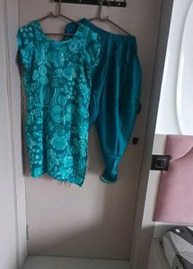 Teal Floral Kurta Set with Dupatta One tym use