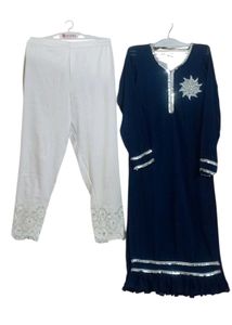 Elegant Navy &amp; Of White Embroidered Pant Suit