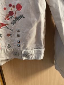 Classic Beige embroidered Denim Jacket
