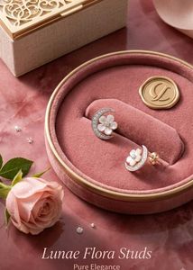 Crescent Moon &amp; Flower Stud Earrings