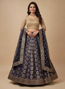 Elegant Navy &amp; Gold Print Lehenga Choli dress