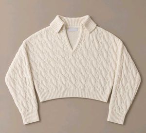 CREAM CABLE KNIT COLLARED CROPPED SWEATER