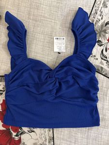 Blue Ruffle Sleeve Twist-Front Top