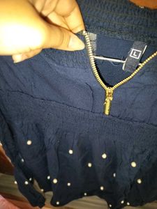 Chic Navy Blue Top with Pearl Accents