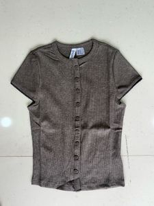 Ribbed Button-Up Short Sleeve Top