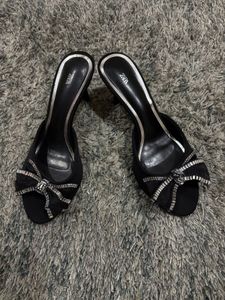 ZARA  Black Satin Rhinestone Bow Mules