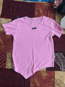 Pink Ribbed Asymmetrical Hem Top
