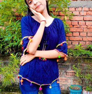 Boho Blue Top with Pom-Poms