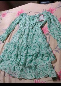 Green Floral Chiffon Ruffle Dress