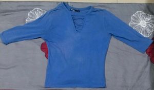 Blue Lace-Up V-Neck Top