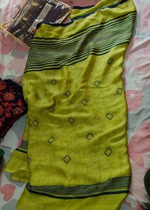 Vibrant Lime Green Saree with Striped Border