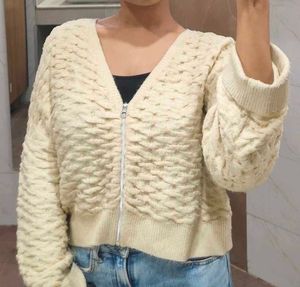 Cream Textured Zip-Up Knit cardigan