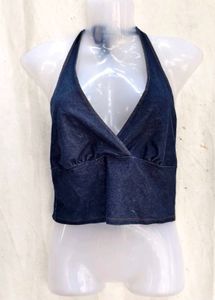 Blue Denim Halter Neck Crop Top