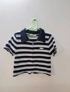 Y2K Striped Zip-Up Polo Shirt✨