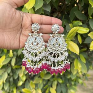 Stunning Jhumka Earrings with Magenta Beads