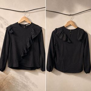 Black Ruffle Detail Long Sleeve Top