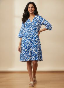 New Blue & White Leaf Print Summer Dress 48 inches