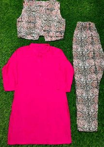 Hot Pink Cotton Kurta Set with Kalamkari Paisley S