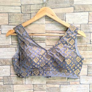Elegant Grey & Gold Brocade Blouse