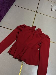 Chic Red Peplum Top with High Neck