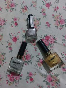 Set Of Three Glitter Nail Polish / Gold, Silver & Purple.